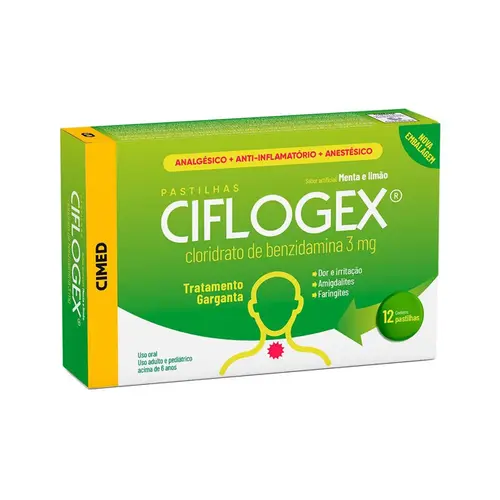 CIFLOGEX 12 PASTILHAS SABOR MENTA E LIMAO BENZIDAMINA CLORIDRATO