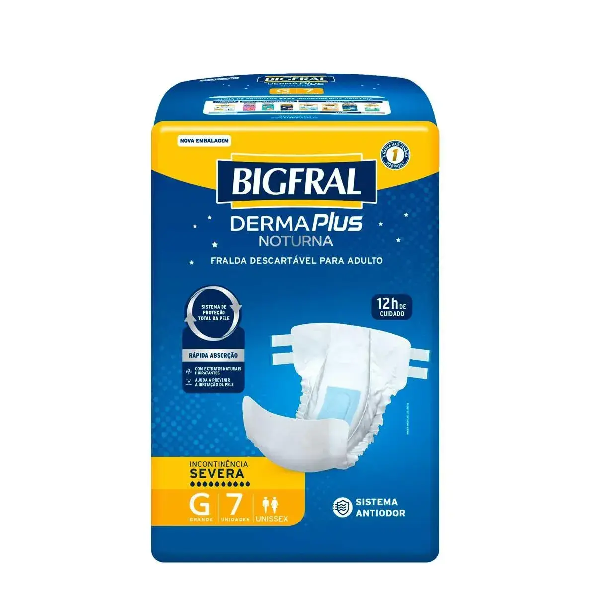 FRALDA BIGFRAL DERMA PLUS NOTURNA TAMANHO GRANDE 7 UNIDADES