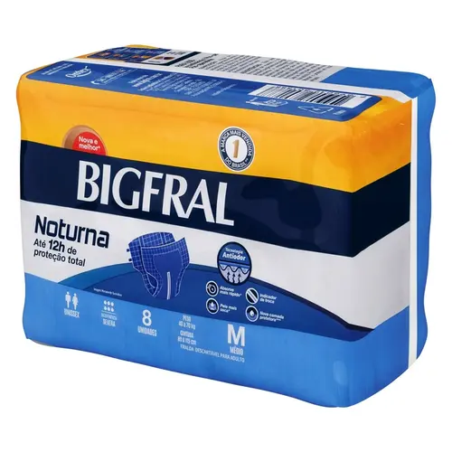 FRALDA BIGFRAL DERMA PLUS NOTURNA TAMANHO MEDIO 8 UNIDADES
