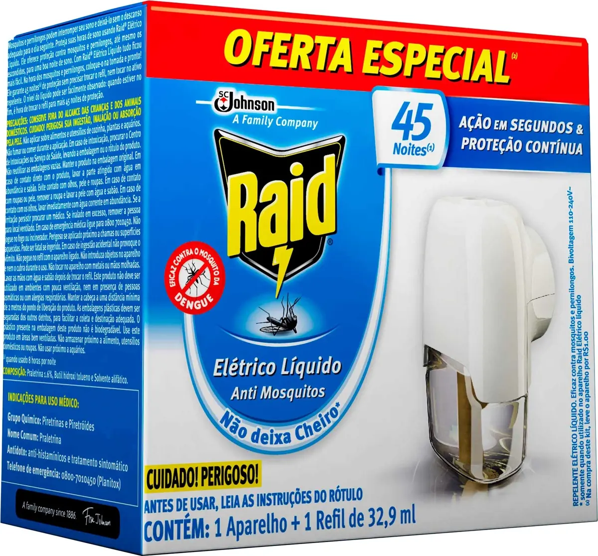 APARELHO REPELENTE ELETRICO RAID PROTECTOR 45 NOITES + 1 REFIL GRATIS
