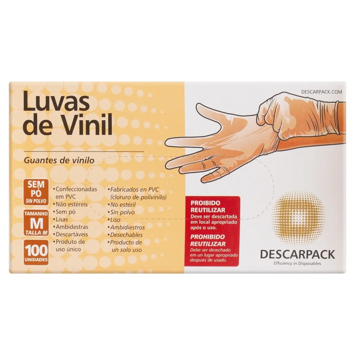 LUVA DESCARPACK VINIL SEM TALCO TAMANHO M 100 UNIDADES