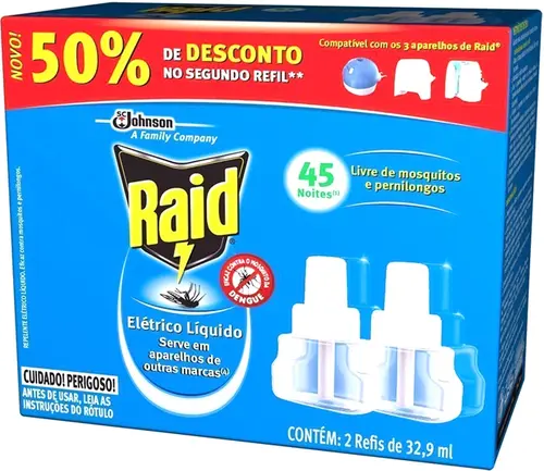 REFIL RAID PROTECTOR 45 NOITES 32,9ML 2 UNIDADS COM 50% DE DESCONTO