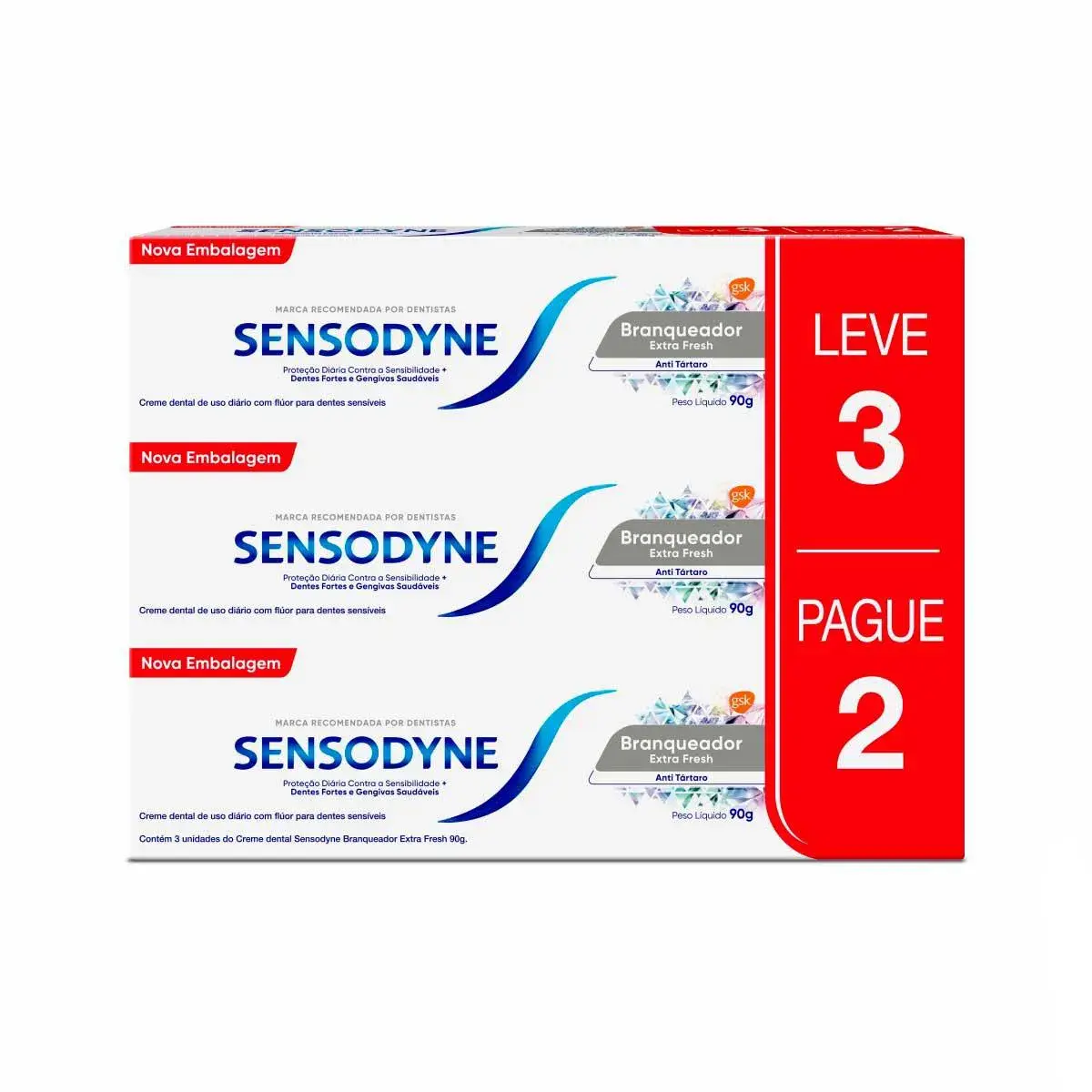 KIT SENSODYNE CREME DENTAL BRANQUEADOR EXTRA FRESH LEVE 3 PAGUE 2 90GR
