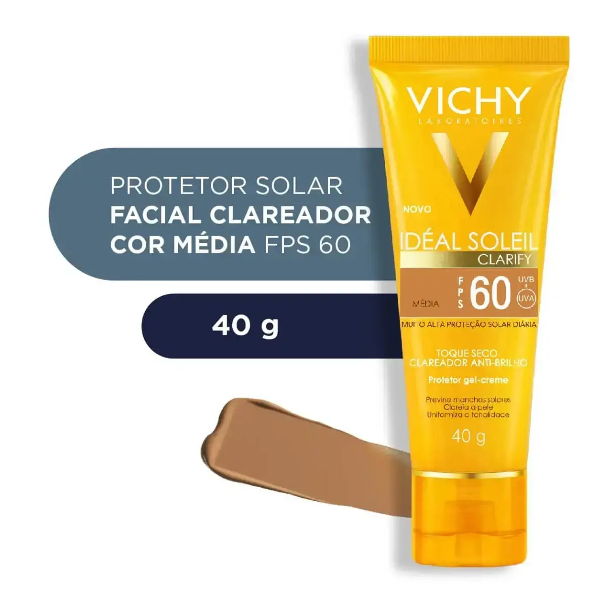 PROTETOR SOLAR VICHY IDEAL SOLEIL CLARIFY TOQUE SECO COR MEDIA FPS60 40GR