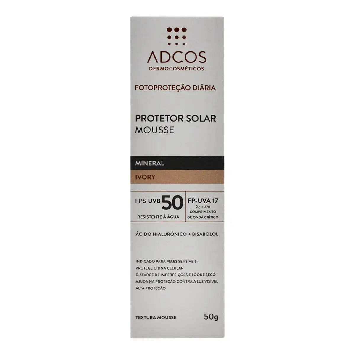 PROTETOR SOLAR ADCOS MOUSSE MINERAL IVORY FPS50 50GR
