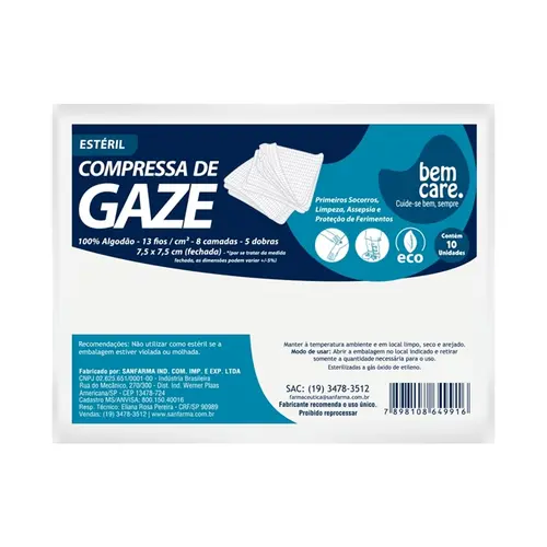 COMPRESSA BEM CARE GAZE ESTERIL 13 FIOS 10UN