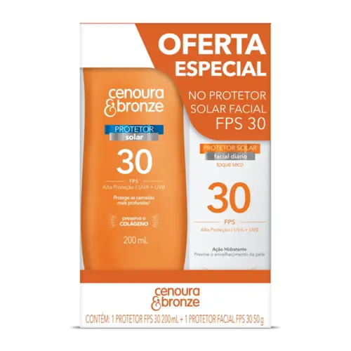 KIT PROTETOR SOLAR CENOURA & BRONZE FACIAL FPS30 50GR + CORPORAL FPS30 200ML