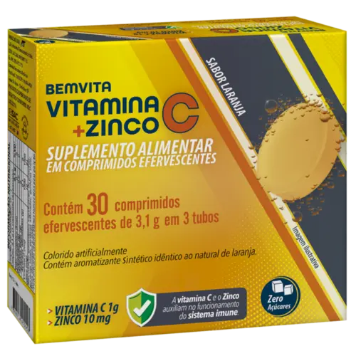 BEM VITA VITAMINA C + ZINCO 30 COMPRIMIDOS EFERVESCENTES LARANJA ACIDO ASCORBICO + ZINCO