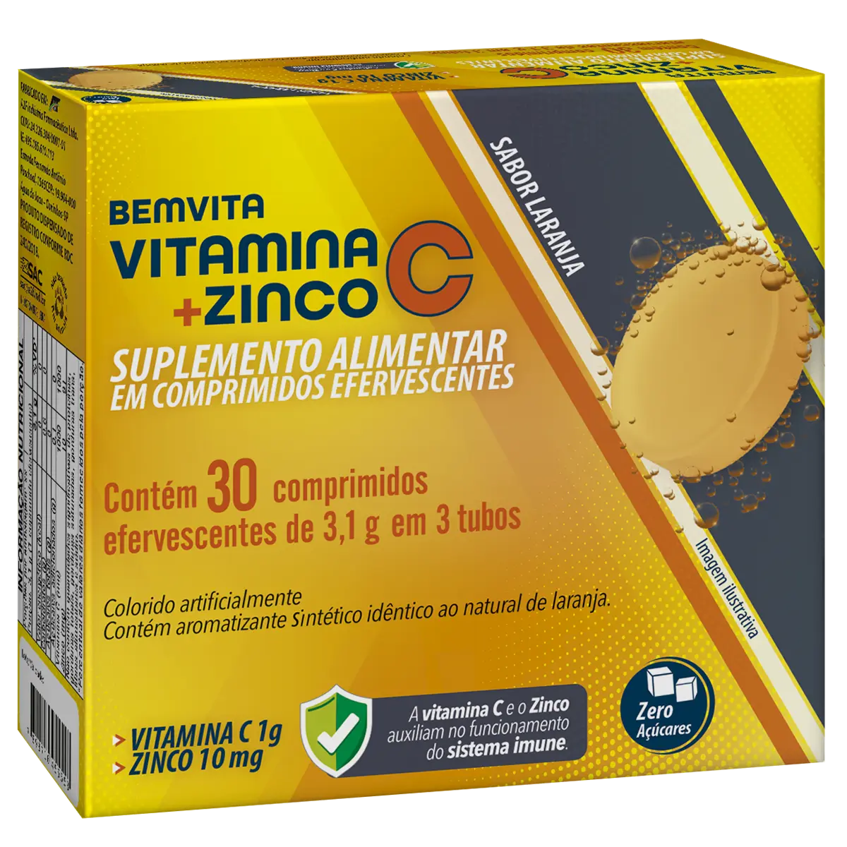 BEM VITA VITAMINA C + ZINCO 30 COMPRIMIDOS EFERVESCENTES LARANJA ACIDO ASCORBICO + ZINCO