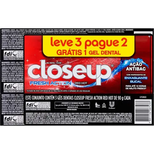 KIT CLOSE-UP CREME DENTAL RED HOT 3 UNIDADES 90GR