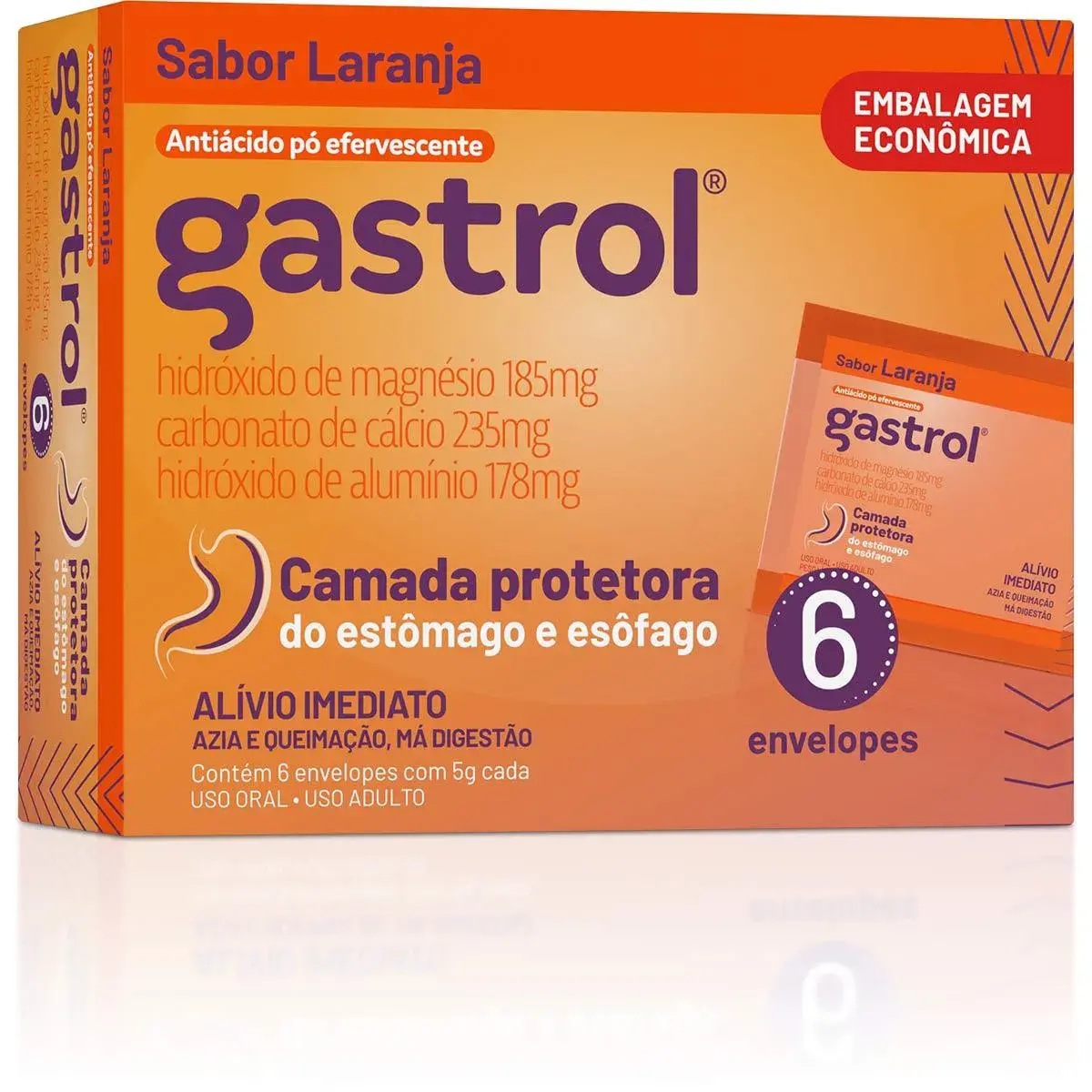 GASTROL LARANJA 6 SACHES 5GR HIDROXIDO DE ALUMINIO + HIDROXIDO DE MAGNESIO + CARBONATO DE CALCIO