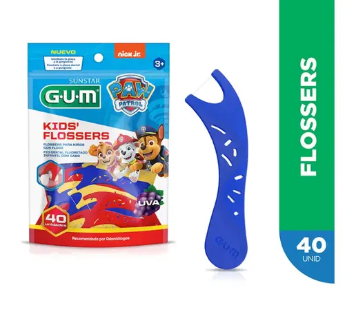 FIO DENTAL INFANTIL COM CABO GUM FLOSSER PATRULHA CANINA 40 UNIDADES UVA