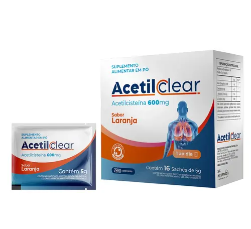 SUPLEMENTO ALIMENTAR ACETIL CLEAR 600MG 16 SACHES 5GR LARANJA ACETILCISTEINA