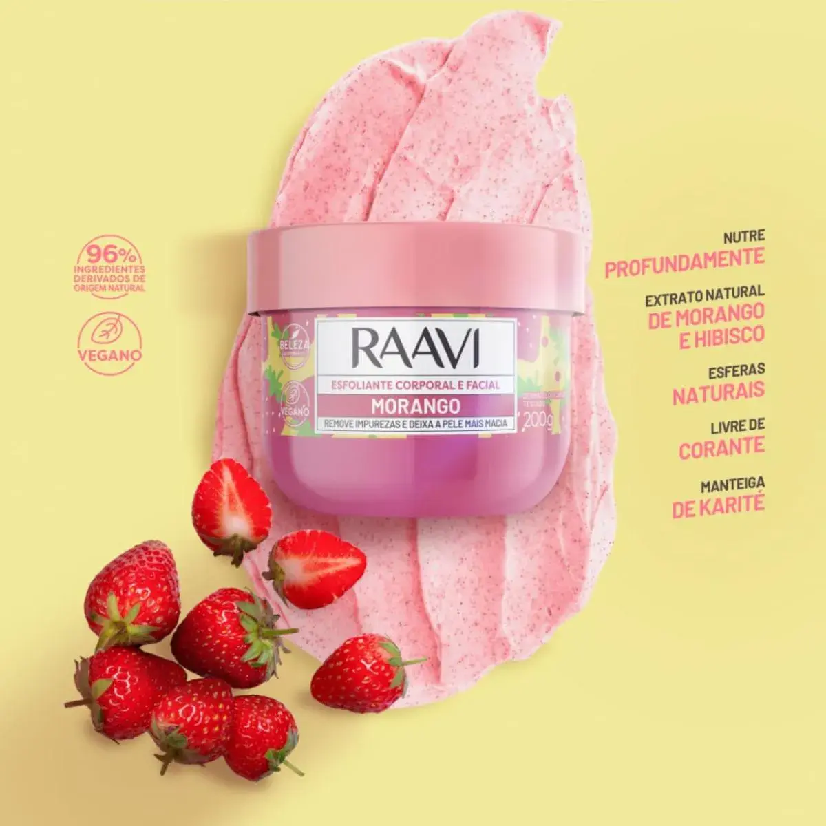 CREME ESFOLIANTE RAAVI CORPORAL E FACIAL MORANGO VEGANO 200GR