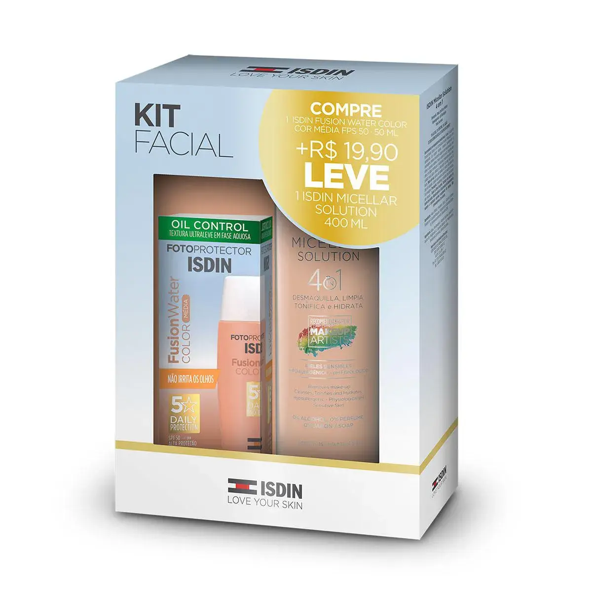 KIT PROTETOR SOLAR ISDIN FUSION WATER FPS50 50ML MEDIA + SOLUCAO MICELAR 400ML