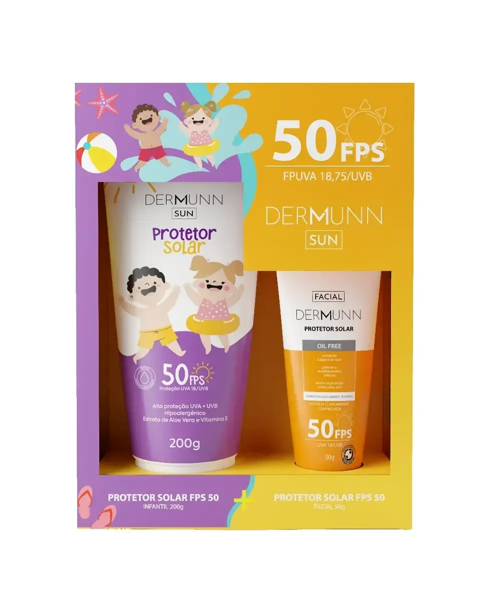 KIT DERMUNN PROTETOR SOLAR INFANTIL FPS50 200GR + PROTETOR SOLAR FACIAL FPS50 50GR