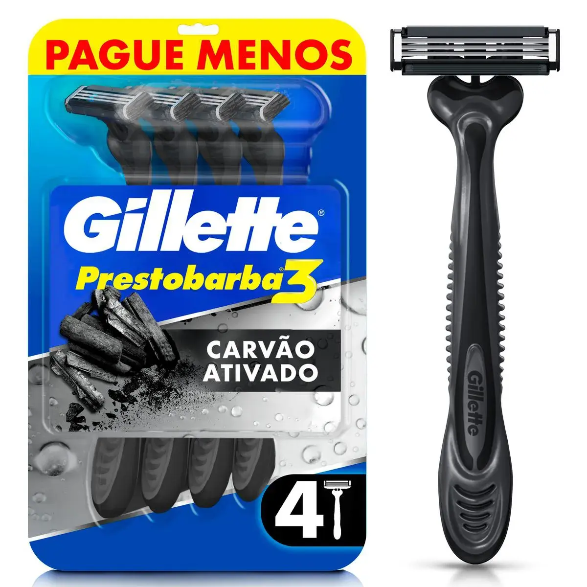 APARELHO DE BARBEAR GILLETTE PRESTOBARBA 3 CARVAO ATIVADO 4 UNIDADES