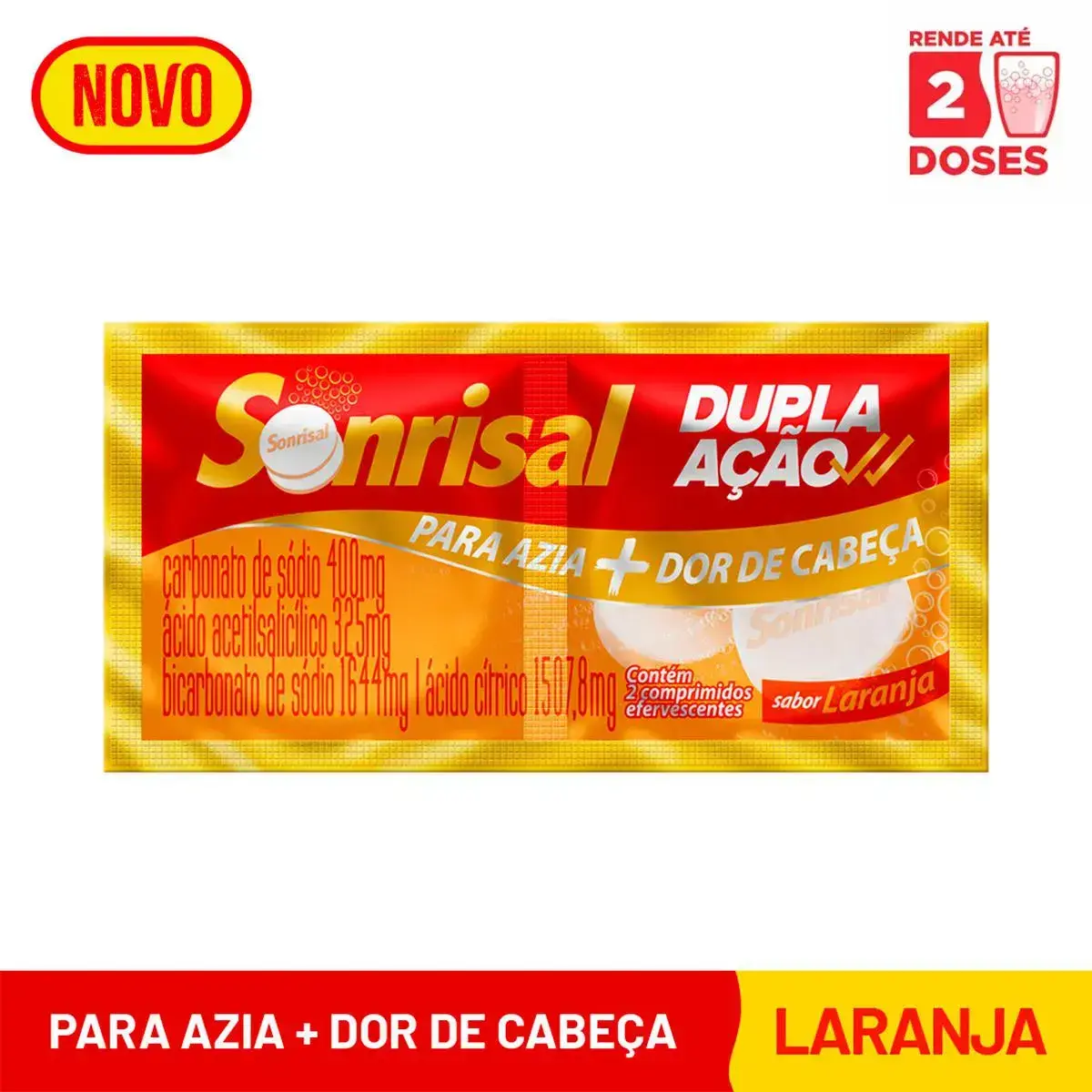 SONRISAL LARANJA ENVELOPE 2 COMPRIMIDOS EFERVESCENTES BICARBONATO DE SODIO + ACIDO ACETILSALICILICO + ACIDO CITRICO