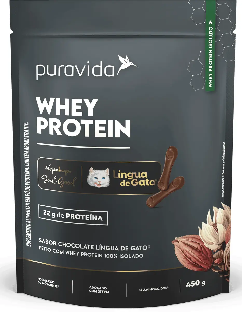 WHEY PROTEIN ISOLADO PURA VIDA SABOR CHOCOLATE LINGUA DE GATO 450GR