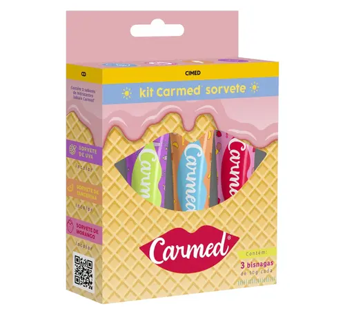 KIT CARMED HIDRATANTE LABIAL SORVETE UVA + TANGERINA +  MORANGO 10GR CADA