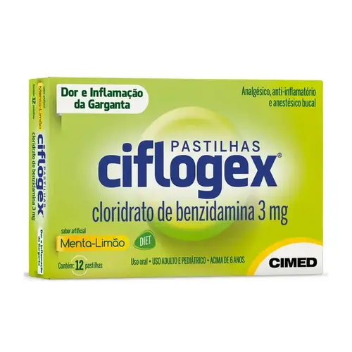 CIFLOGEX 12 PASTILHAS SABOR MENTA E LIMAO DIET BENZIDAMINA CLORIDRATO