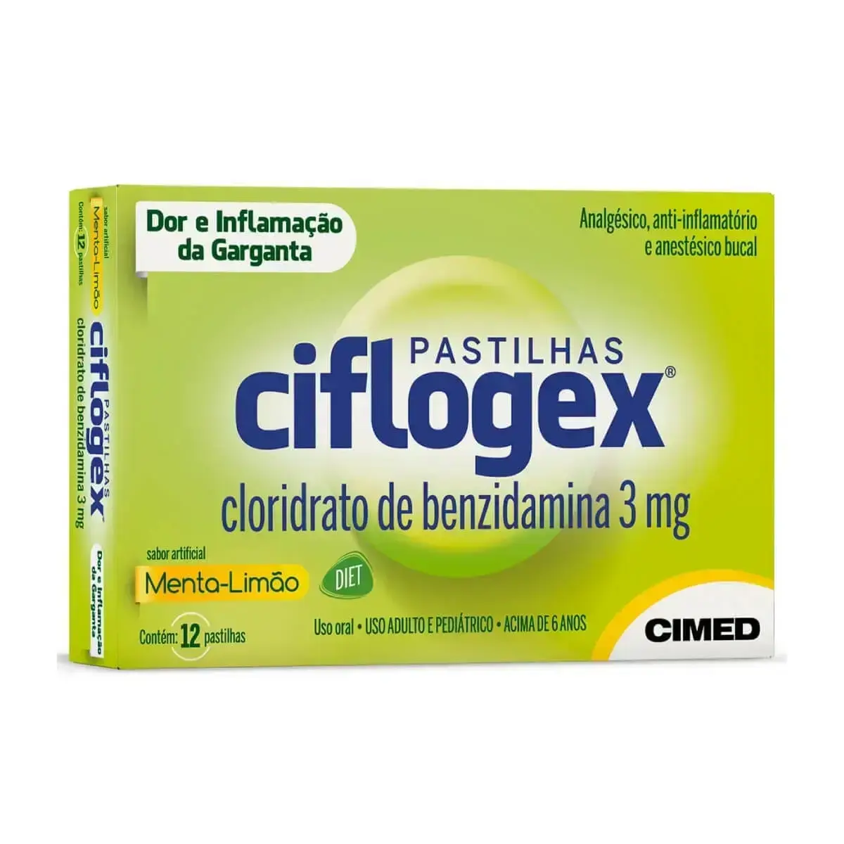CIFLOGEX 12 PASTILHAS SABOR MENTA E LIMAO DIET BENZIDAMINA CLORIDRATO