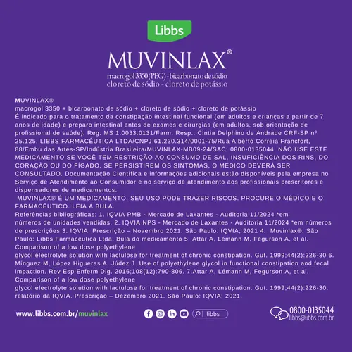 MUVINLAX 20 SACHES 14GR MACROGOL + BICARBONATO DE SODIO + CLORETO DE SODIO + CLORETO DE POTASSIO