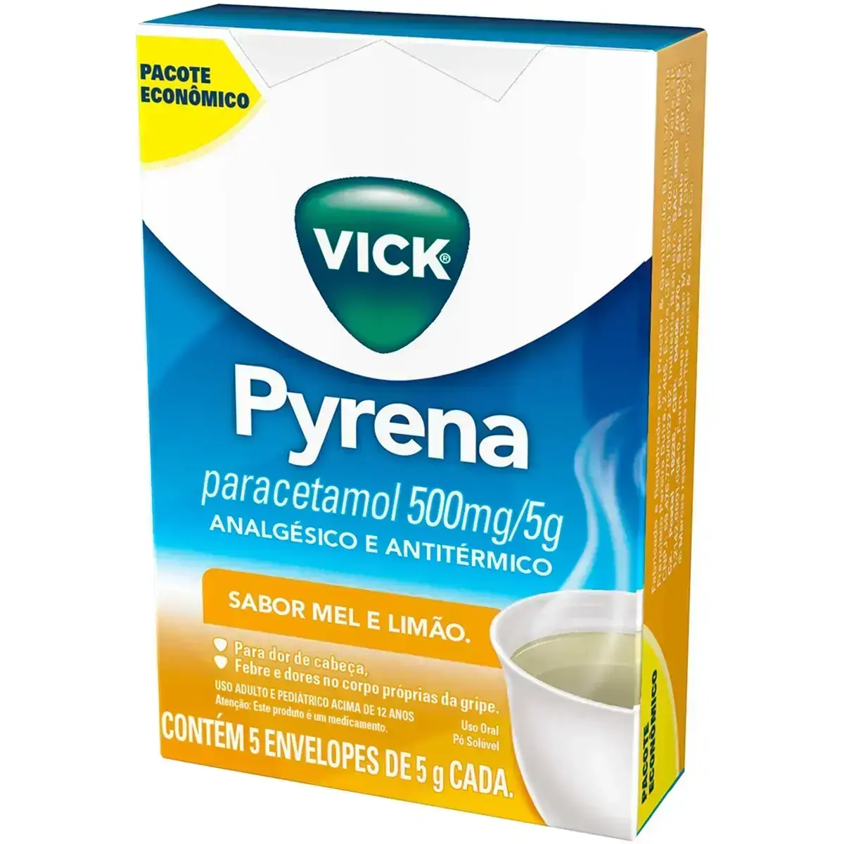 VICK PYRENA 500MG 5 ENVELOPES SABOR MEL E LIMAO MENTOL + CANFORA + OLEO DE EUCALIPTO