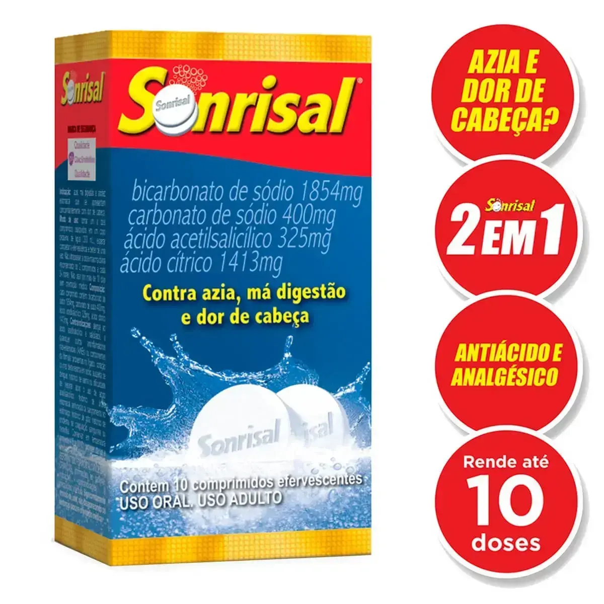 SONRISAL 10 COMPRIMIDOS EFERVESCENTES BICARBONATO DE SODIO + ACIDO ACETILSALICILICO + ACIDO CITRICO