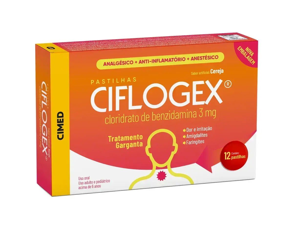 CIFLOGEX 12 PASTILHAS SABOR CEREJA BENZIDAMINA CLORIDRATO