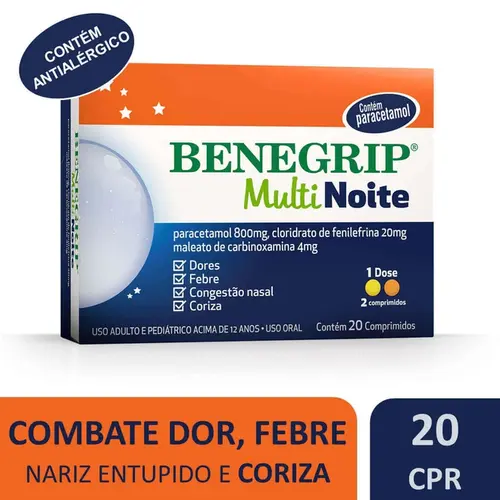 BENEGRIP MULTI NOITE 20 COMPRIMIDOS PARACETAMOL + FENILEFRINA CLORIDRATO + CARBINOXAMINA MALEATO