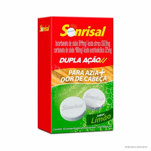 SONRISAL  LIMAO 10 COMPRIMIDOS EFERVESCENTES BICARBONATO DE SODIO + ACIDO ACETILSALICILICO + ACIDO CITRICO