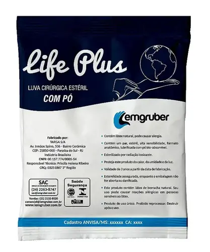 LUVA LIFE PLUS CIRURGICA ESTERIL COM PO 6,5