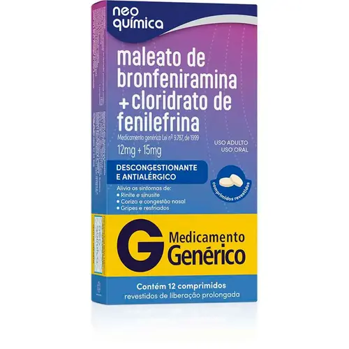 BRONFENIRAMINA+FENILEFRINA 12MG+15MG 12 COMPRIMIDOS GENERICO NEO QUIMICA BRONFENIRAMINA  + FENILEFRINA