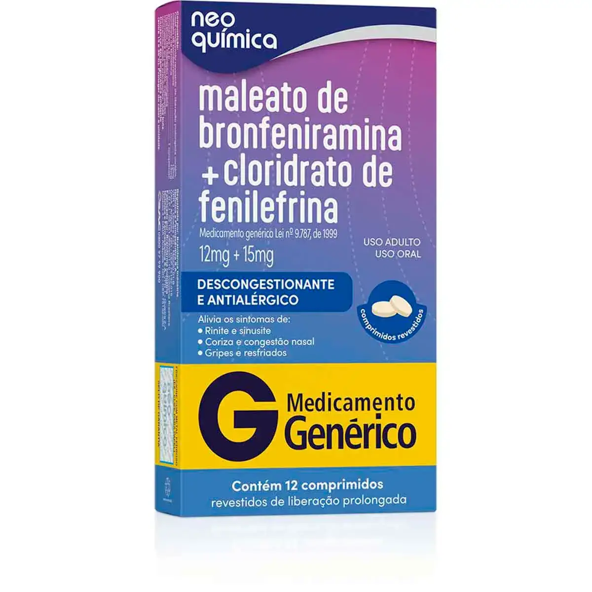 BRONFENIRAMINA+FENILEFRINA 12MG+15MG 12 COMPRIMIDOS GENERICO NEO QUIMICA BRONFENIRAMINA  + FENILEFRINA