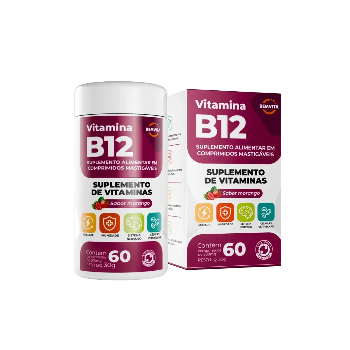 BEM VITA VITAMINA B12 500MG 60 CAPSULAS MASTIGAVEIS MORANGO