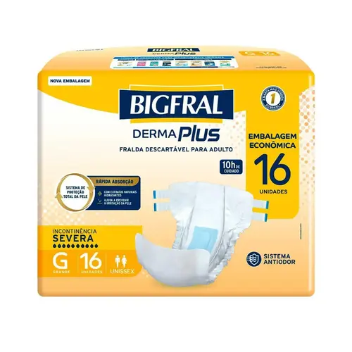 FRALDA BIGFRAL DERMA PLUS TAMANHO G 16 UNIDADES