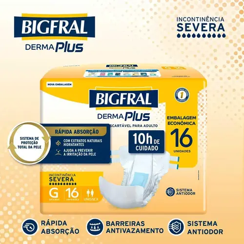 FRALDA BIGFRAL DERMA PLUS TAMANHO G 16 UNIDADES